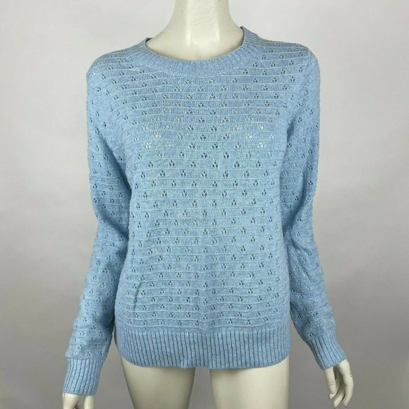 J Crew Pointelle Crewneck Sweater Alpaca Wool Pullover Blue Women L NWT AK196 - Picture 1 of 9